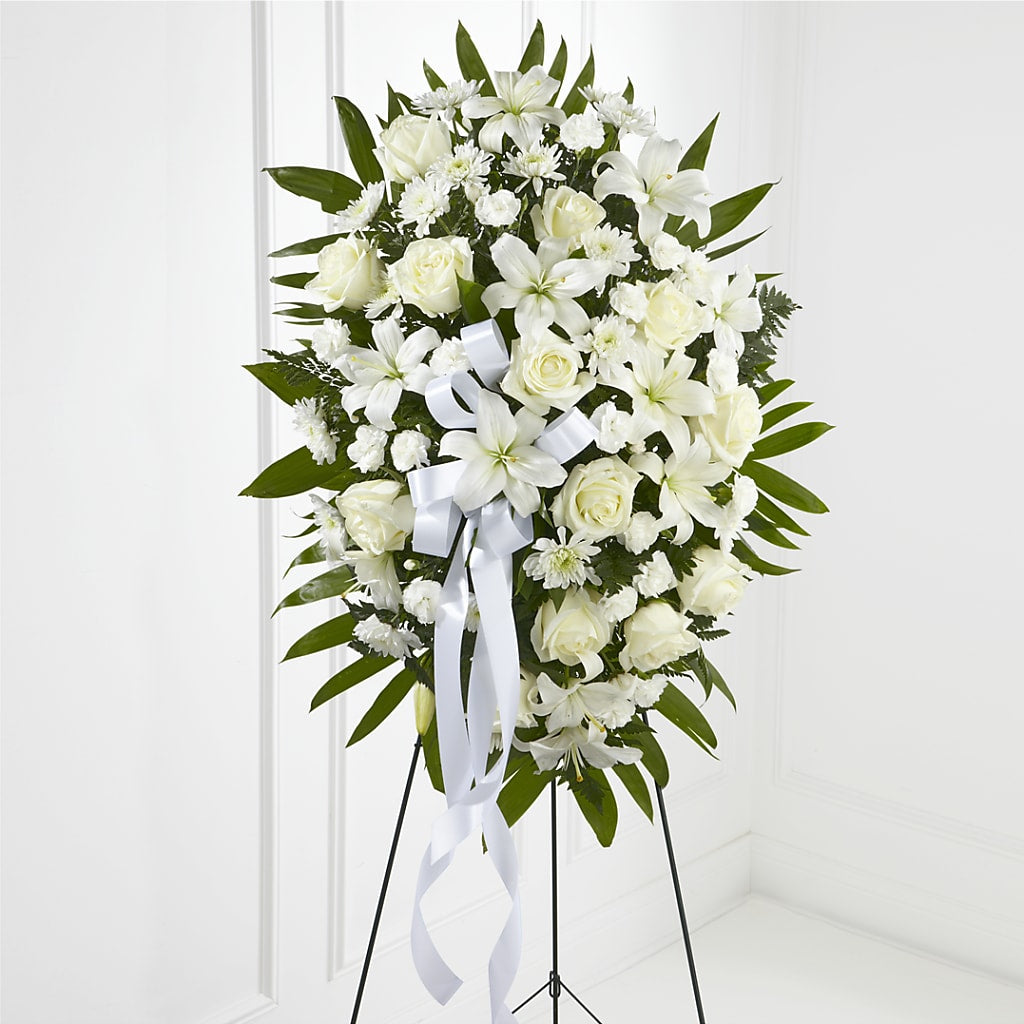Exquisite Tribute Standing Spray-White Ribbon – Green Room Flowers Llc, Tucson AZ
